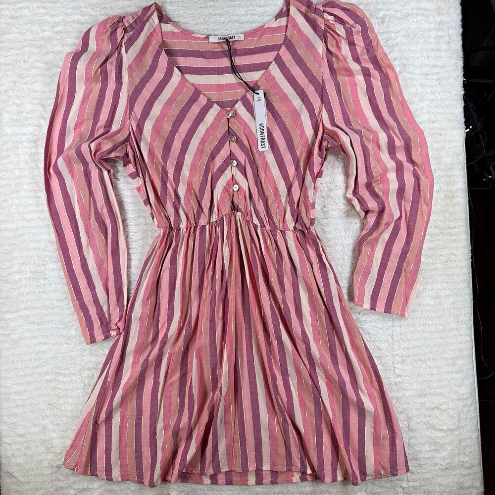 Self Contrast Women’s Small Striped Puff Sleeve Metallic Isabella Dress Revolve